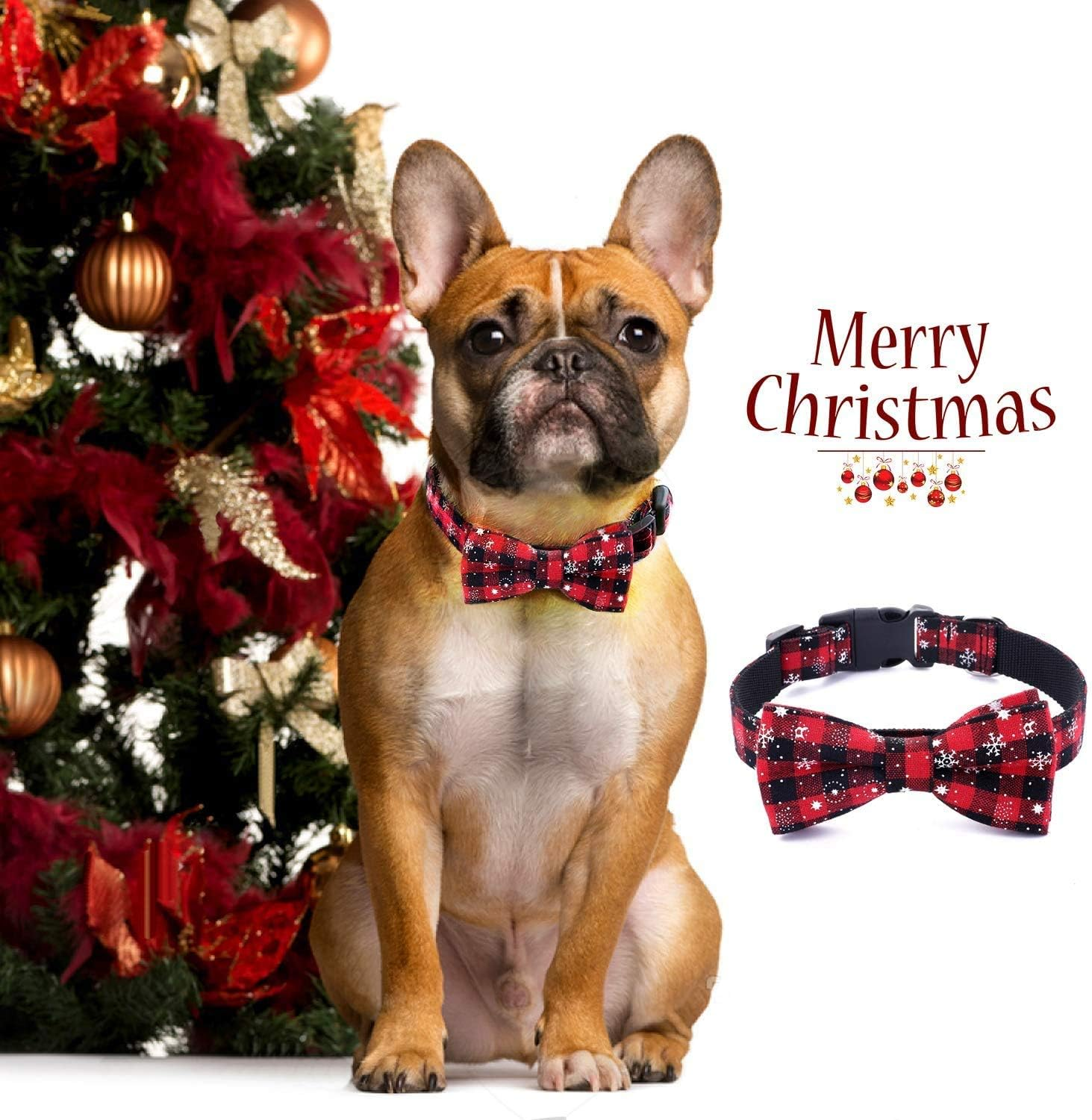 Moonpet Xmas Christmas Dog Collar with Bow Tie - 100% Cotton Nylon Design Adjustable Handmade Dog Collar - Cute Fashion for Small Medium Large Dogs-S image number 4