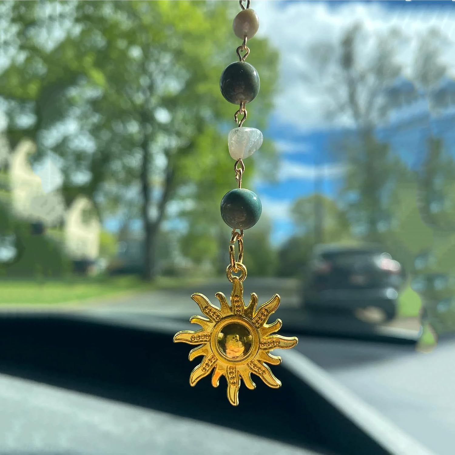 Sun Hanging Car Charm,Green and Gold Rear View Mirror Accessories Cute Boho Dangling Sun Car Decor Handmade Healing Crystals Stones Ornament Gifts for Women Men (Green) - Blue image number 3