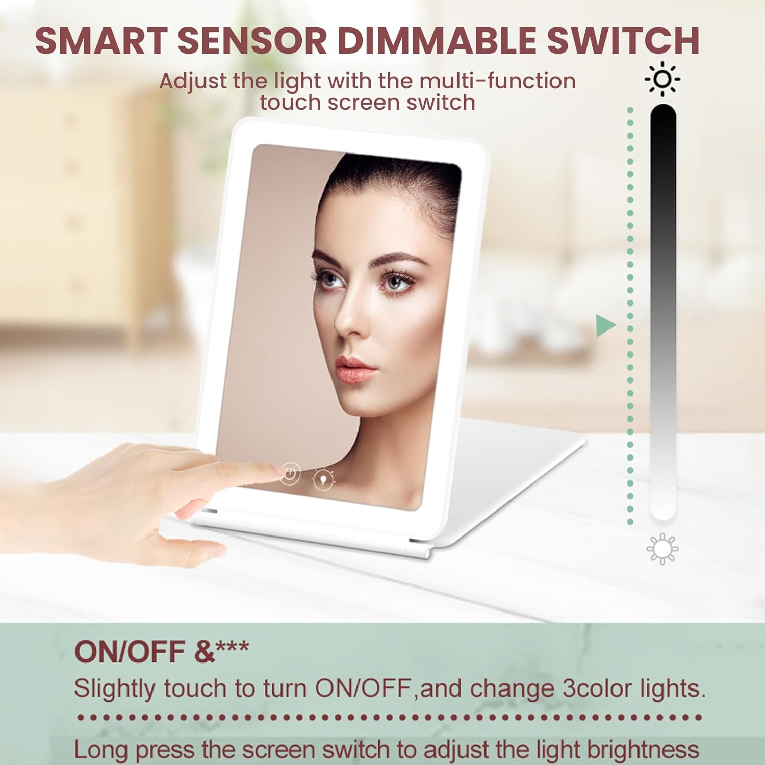 ROTOPATA Rechargeable Travel Makeup Mirror with 5X Magnification, Portable Lighted Travel Mirror with 72 Leds, 3 Color Lighting Foldable Compact Vanity Mirror with Dimmable Touch Screen image number 2