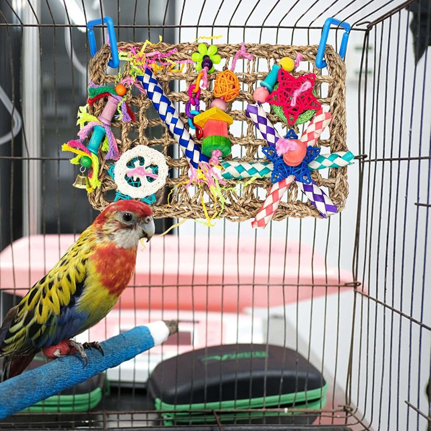 Bird Foraging Wall Toy - Bird Parakeet Toys Foraging Shredding Toys - Parakeet Toys Bird Foraging Toys Seagrass Woven Climbing Net Chewing Interactive for Parrots Parakeets image number 6