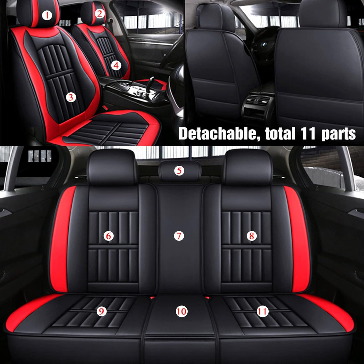 5X Car Seat Covers Universal PU Leather Cushion Non-Slip Padded Mat Full Set (Black) image number 2