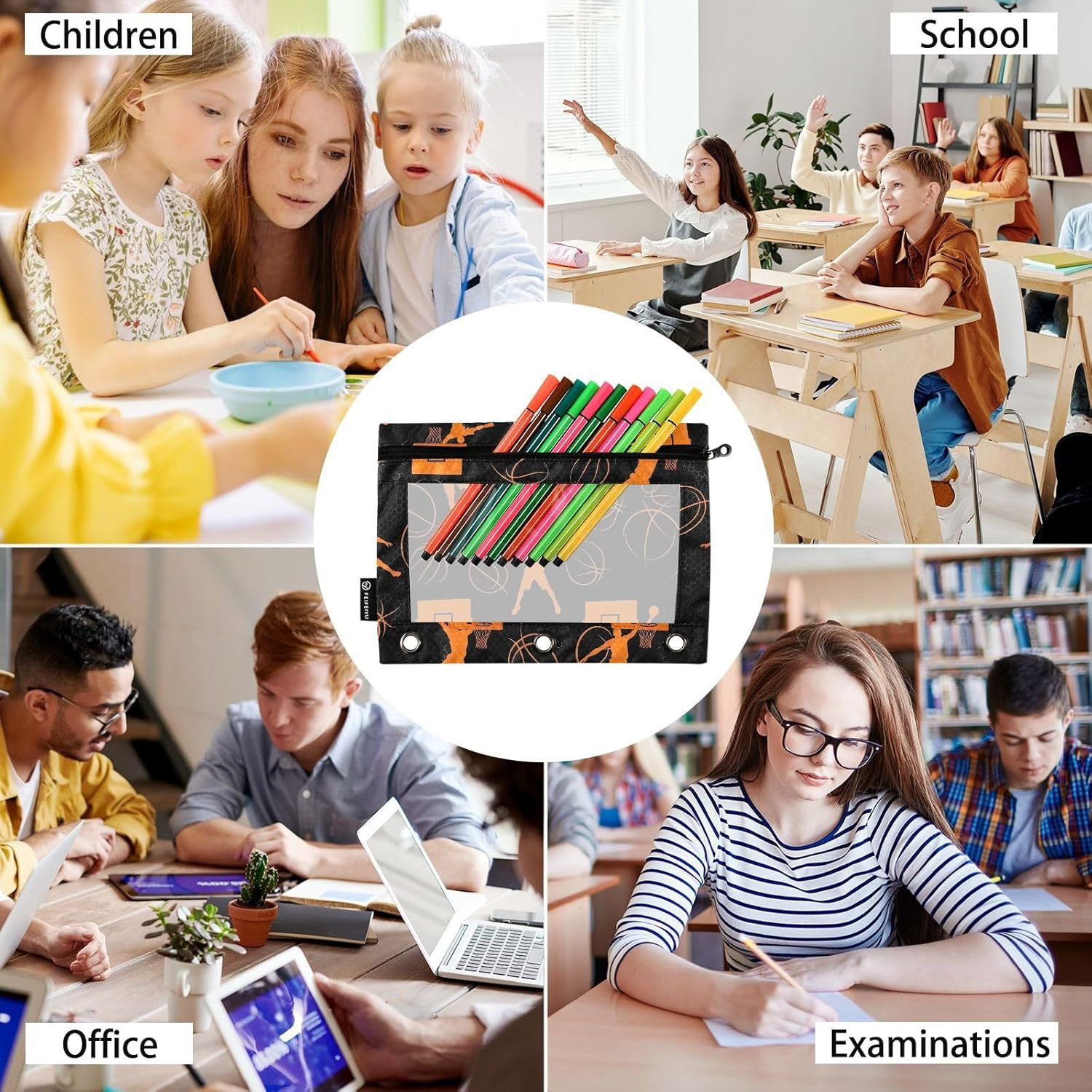 Orange Basketball Players Black Pencil Zipper Pouch with Clear Window for Home/Office/School Supplies, 2 Pack - Palm Trees Striped image number 2