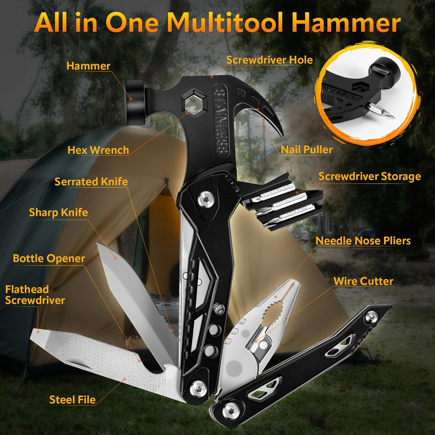 15 in 1 Multitool Claw Hammer Camping Accessories Gifts for Men Stocking Stuffers Multi Tool with Screwdrivers, Pliers, Pincers, All in One Cool Gadgets for Survival Camping Hiking Outdoor image number 4