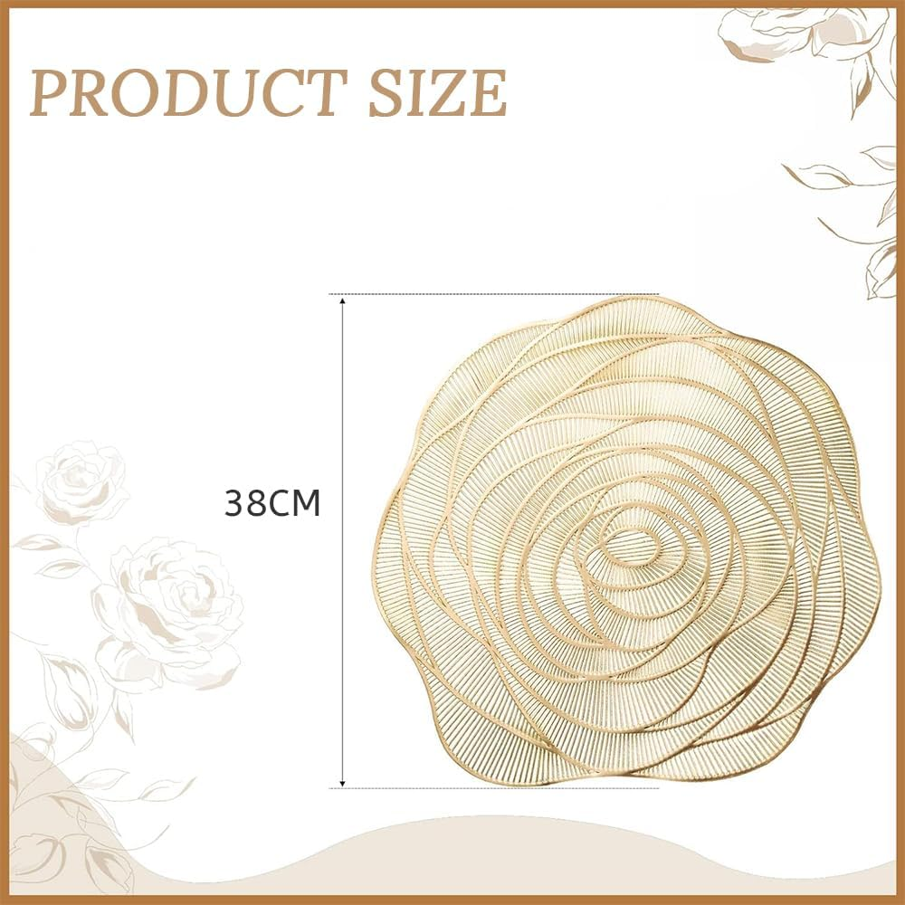 12-Piece Set of Rose Placemats, Hollow Dining Table and Cup Non-Slip Mats for Kitchen, Living Room, Dining Room, Bar Counter, Wedding Party Decoration (Gold) image number 6