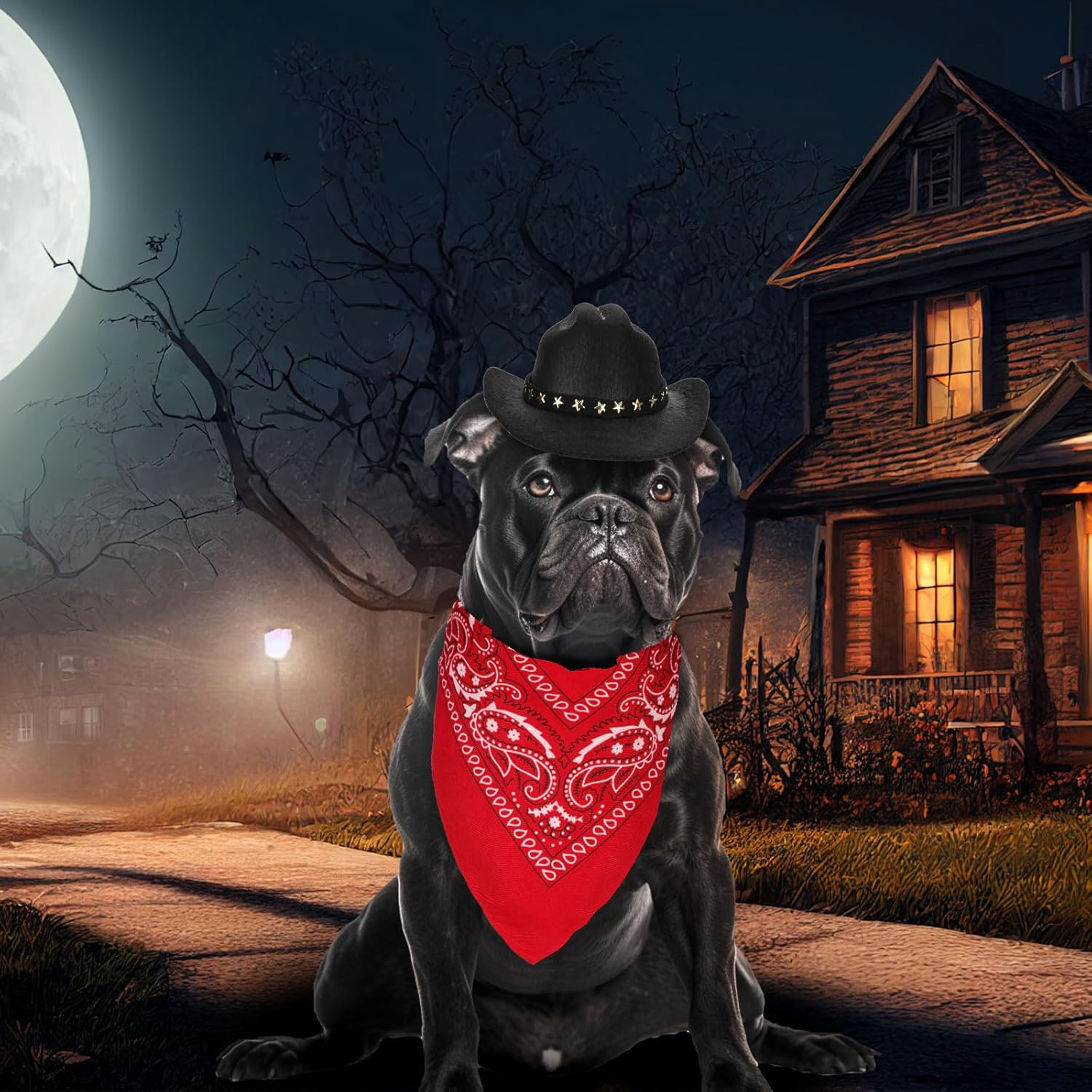 PEUTIER Pet Cowboy Costume, Dog Cowboy Hat & Dog Bandana Scarf Dog Halloween Costumes Outfit Accessories for Small Cats Dogs Pets (Black, Red) image number 2