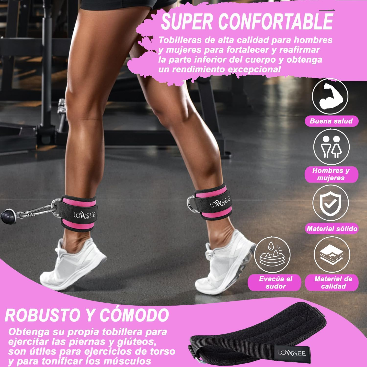 LOW&EE&reg; Pack of 2 Ankle Strap Pulleys Gym - Ankle Brace for Pulley Padded with Velcro for Women and Men - Gym Ankle Strap for Cable Machine Fitness and Gym image number 2