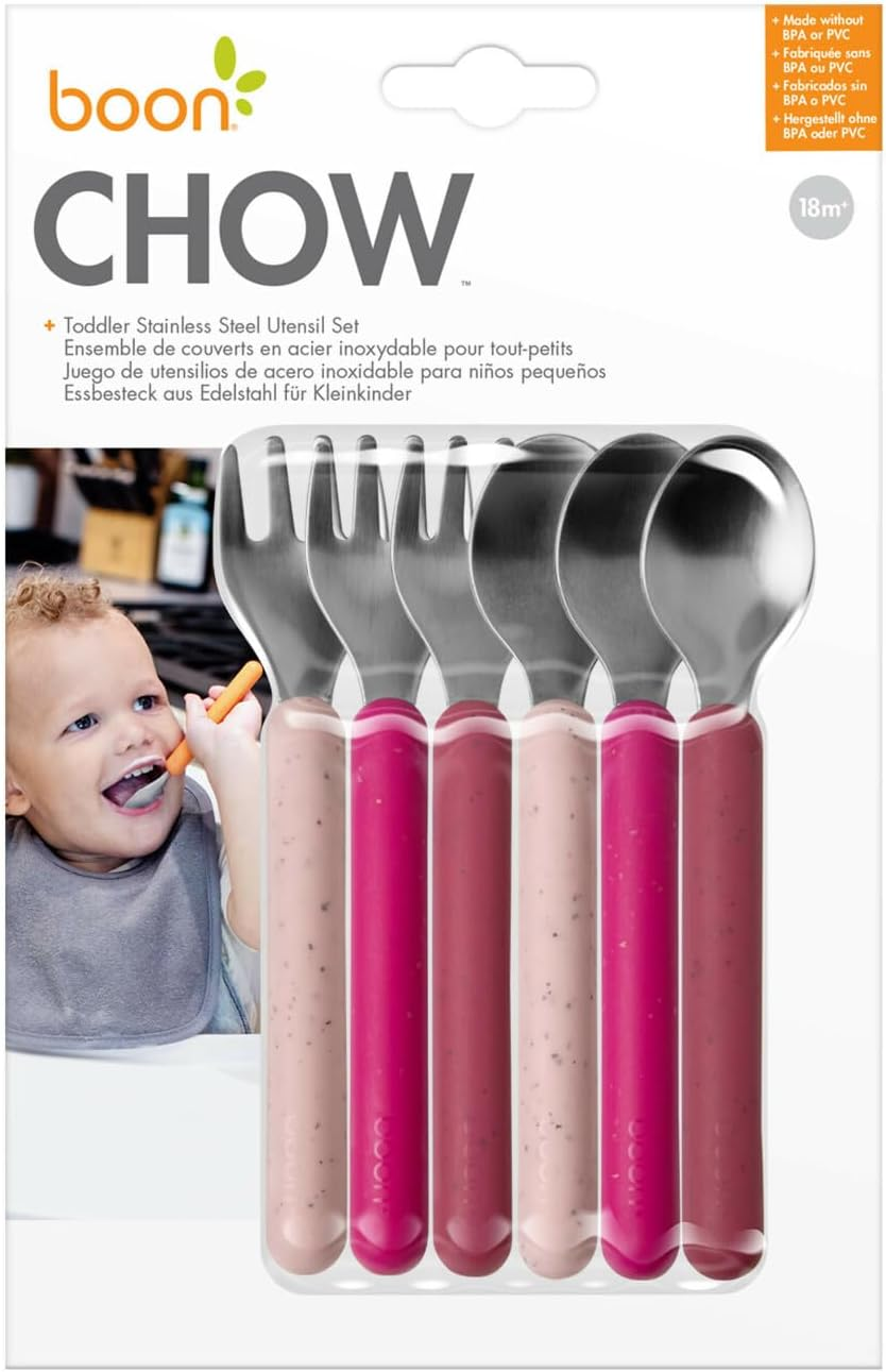 Boon Chow Toddler Stainless Steel Utensils Spoon and Fork 6-Piece Set, Pink image number 1