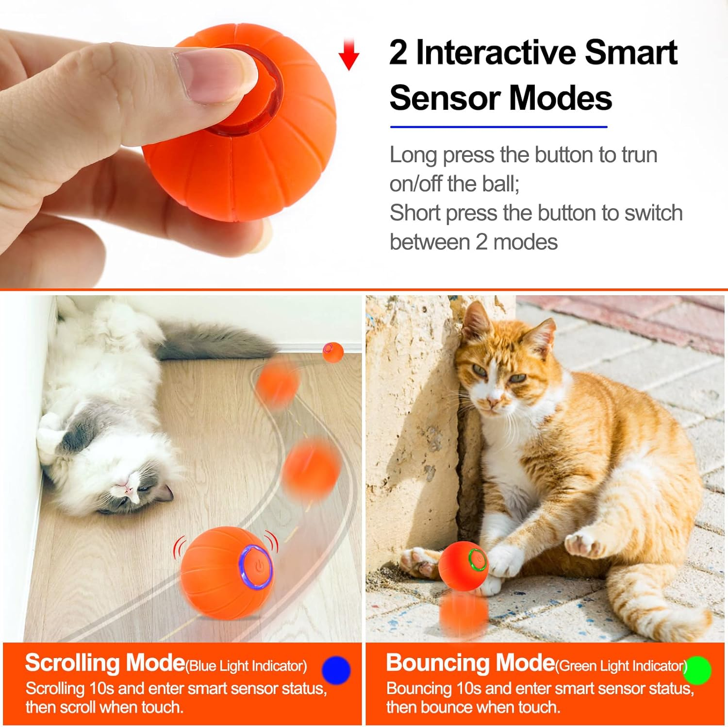 Interactive Cat Ball Toys, Intelligent Motion Activated Automatic Rolling Bouncing Ball Toys for Kitten, USB Rechargeable Present for Cats with LED Lights (Orange) image number 1
