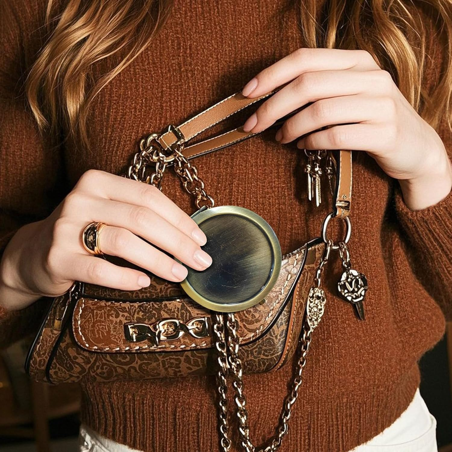 Luckyopt Compact Mirror, Metal Double Sided Handbag Mirror with 1X/2X Magnification, Undistorted round Compact Mirror for Women for Travel, Handbags, Purses (Bronze) image number 5