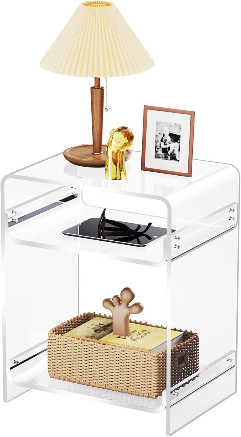 Acrylic Side Table Record Player Stand with Storage, Clear Nightstand Bedside Table End Table for Living Room, Bedroom (Orange)