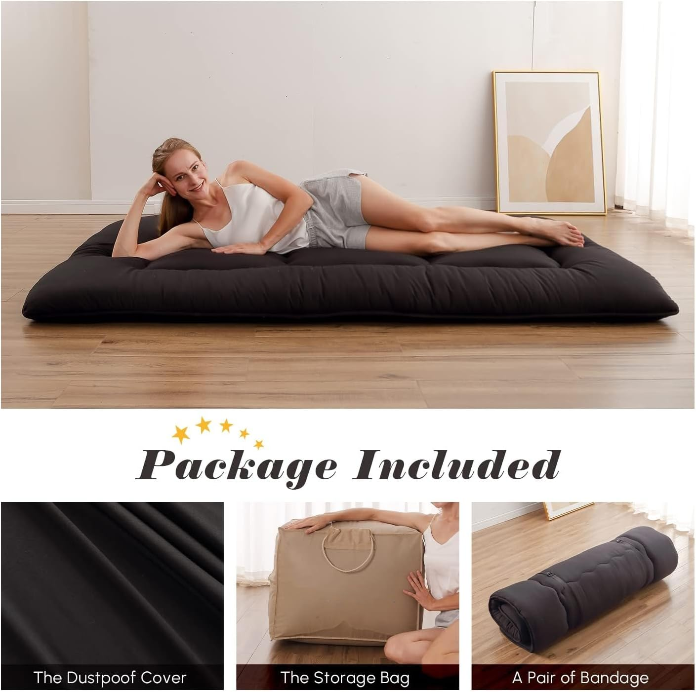Japanese Floor Mattress, Futon Mattress with Portable Storage Bag, Roll up Thick Tatami Mattress - Black-Twin image number 2