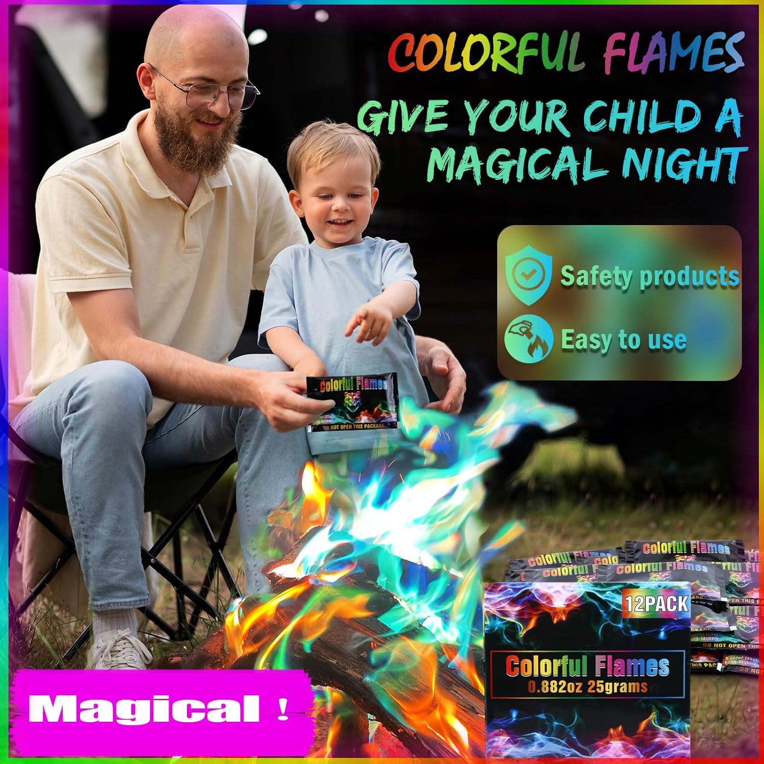 Fire Color Changing Packets [12Pack]，Color Fire Packets for Outdoor Campfires, Fire Pits, Fireplaces, Colorful Flames, Long Burn Time, Safe, Magic for Child image number 3