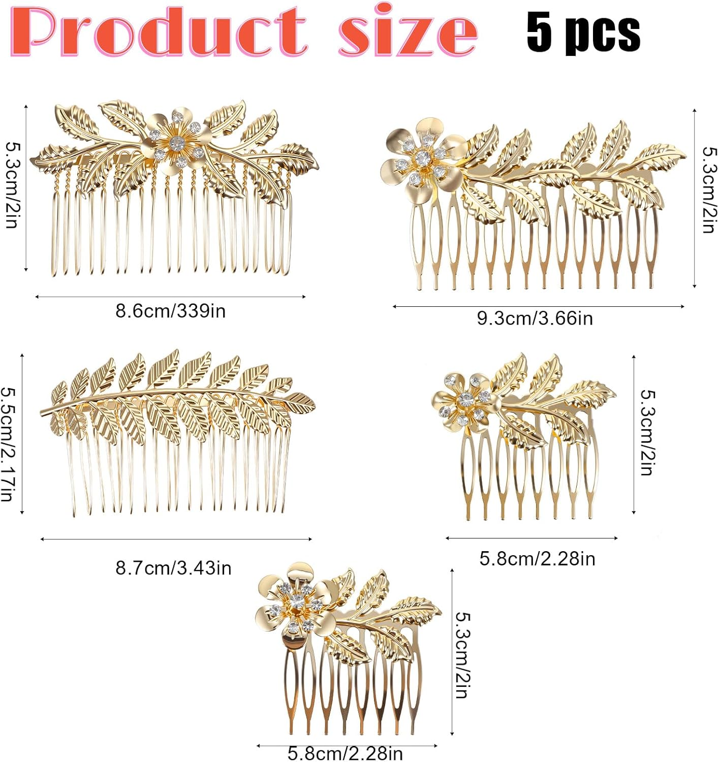 Pack of 5 Hair Accessories Wedding Crystal Flowers Hair Clips Retro Gold Pin Combs Bridal Rhinestone Hair Comb for Clip Bridal Hairpiece Golden Hair Combs for Women Bridesmaid image number 1