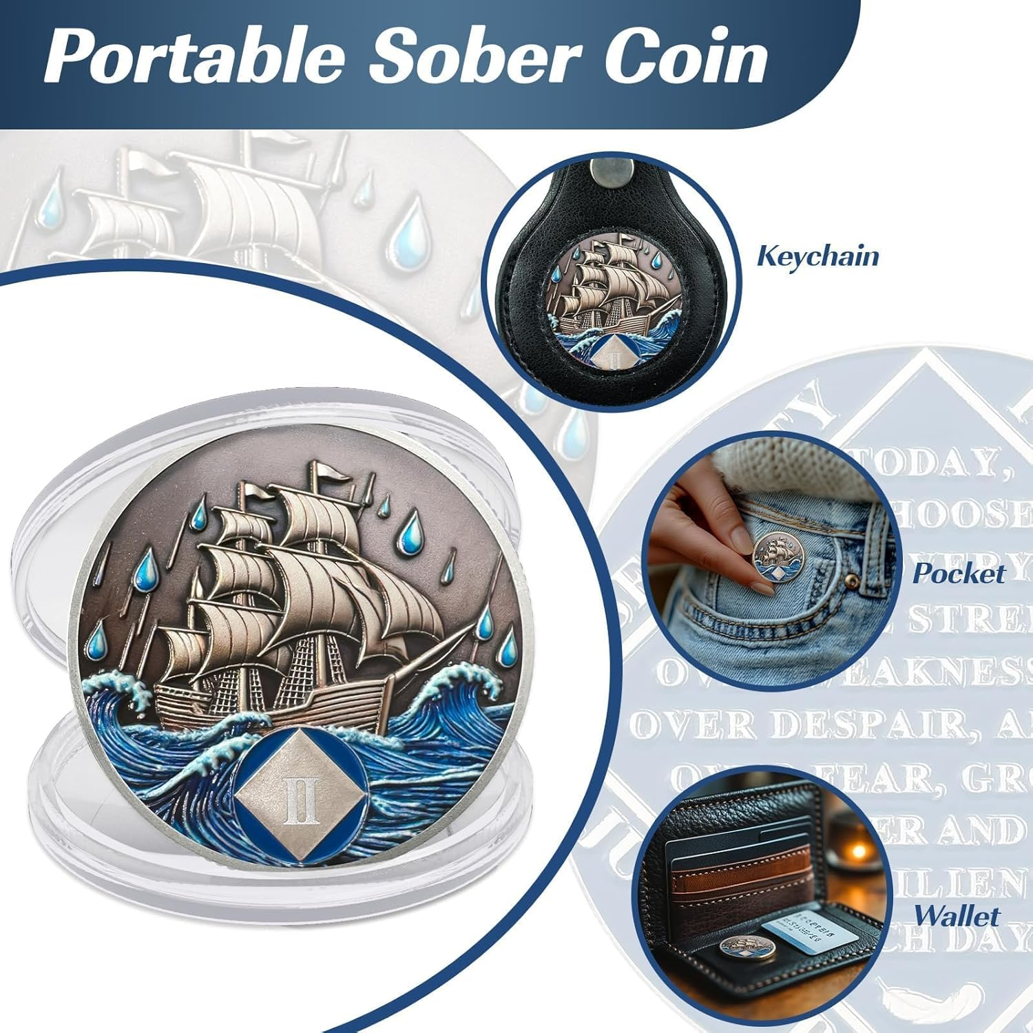 Nautical 2 Year Sober Coin- Affirmation Sober Coin -AA Chips and Medallions &ndash; Addiction Recovery AA Coins &ndash; Narcotics Alcoholics Anonymous Sobriety Gifts for Women Men image number 3