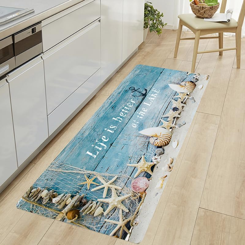 PCSWEET HOME Beach Wood Kitchen Rugs and Mats, Kitchen Floor Mat Non-Slip, 2 Piece Kitchen Rugs Set,Kitchen Mats for Floor, Boho Kitchen Runner Rug (Lake Blue, 50Cm X 80Cm + 50Cm X 120Cm)