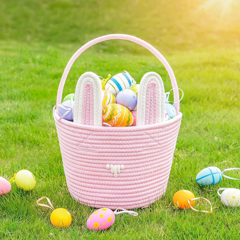 Bunny Basket Set for Kids & Babies &ndash; 2-Piece Handwoven Cotton Rope Easter Baskets with Ear Design &ndash; Soft & Safe for Egg Hunt, Ideal for Girls, Boys & Toddlers (Pink & White) image number 4