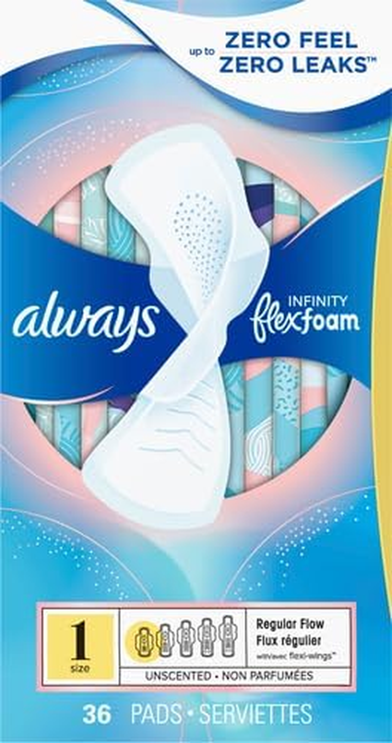 Always Infinity Size 1 Pads with Wings, Regular Absorbency, Unscented, 36 Ct, Packaging May Vary image number 3
