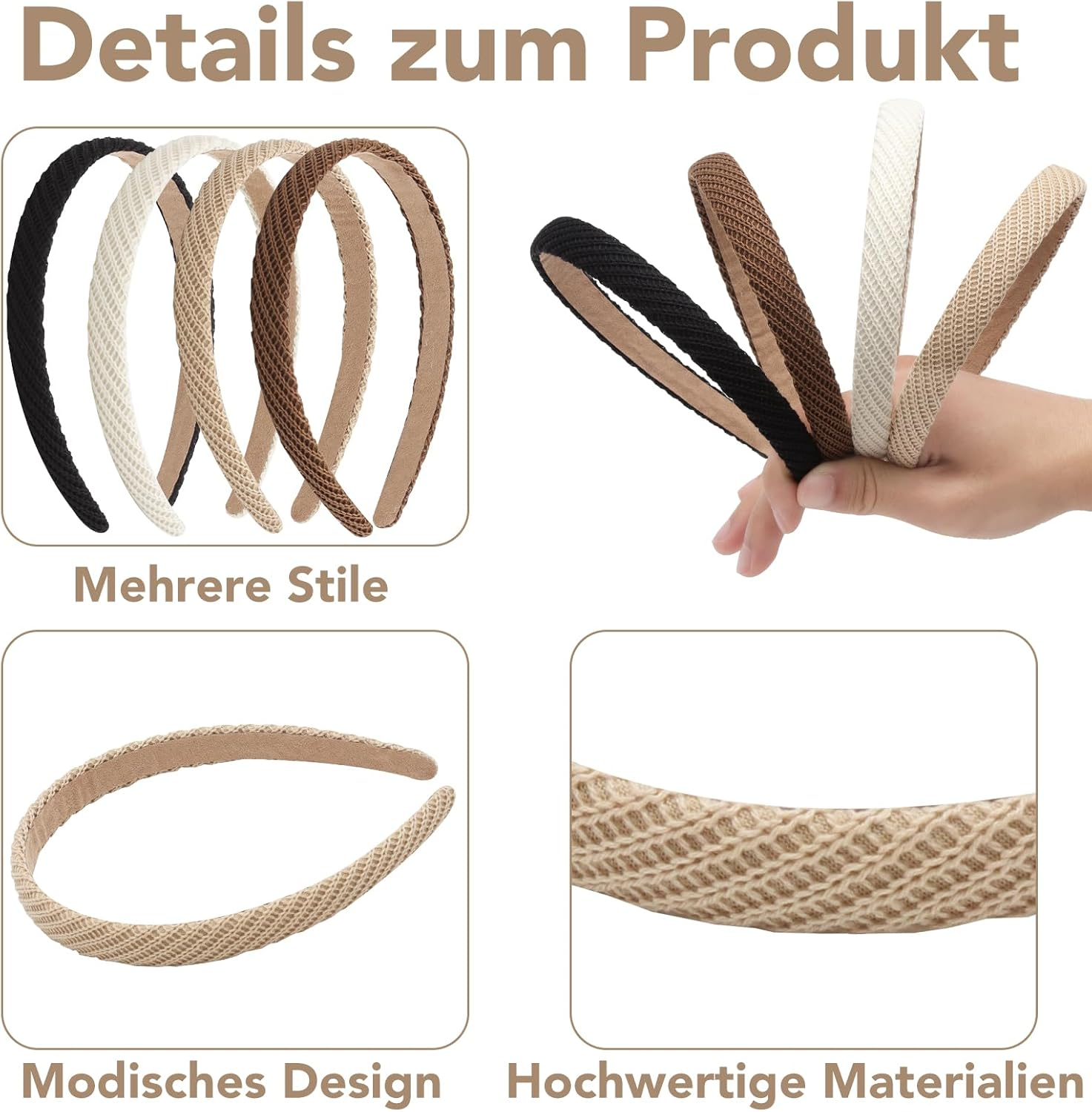 VOSSOT Pack of 4 Trendy Headbands, Women'S Headbands, Headbands, with 4 White Hair Clips (Black/Beige/Coffee/Brown) image number 2