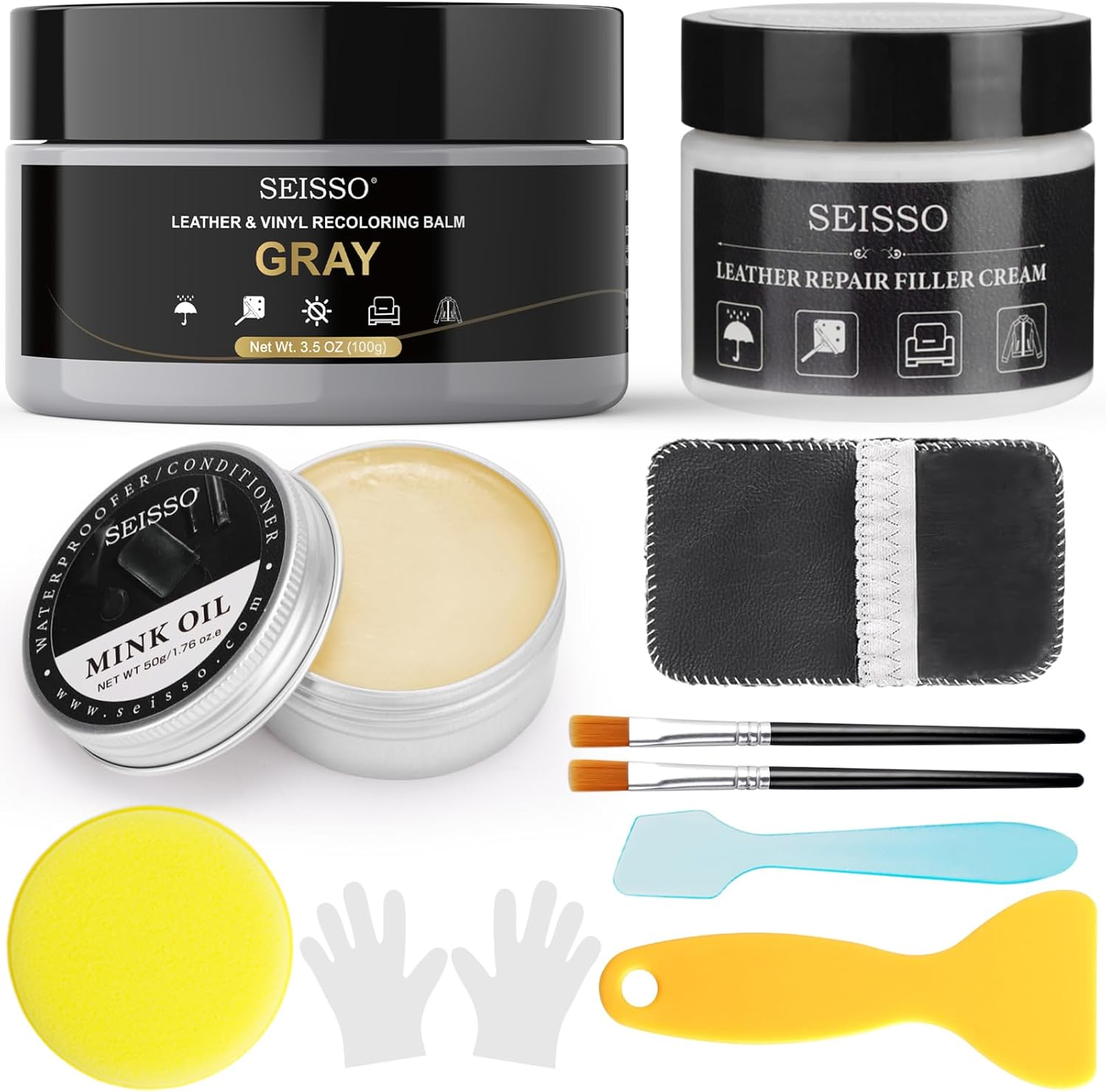 SEISSO Leather Repair Kit for Furniture, Gray Vinyl Repair Kit with Mink Oil Car Interior Leather Recoloring Balm for Scratches, Fading Shoes, Car Seat, Sofa