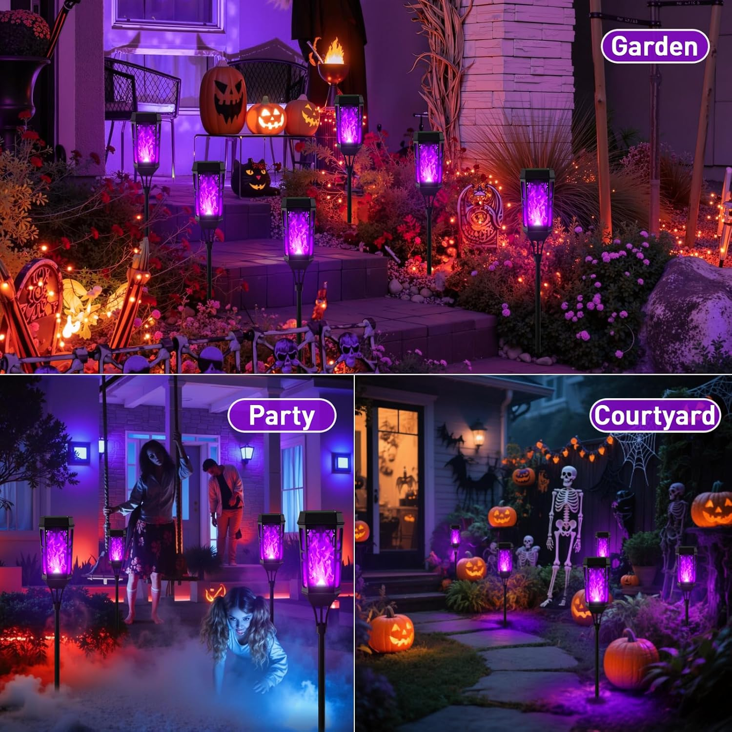 Solar Torch Flame Lights, LED Solar Lights Outdoor with Flickering Flame, IP65 Waterproof Solar Pathway Light Landscape Decoration Lighting for Garden Lawn Patio Yard Outdoor (Black+Purple, 6) image number 1