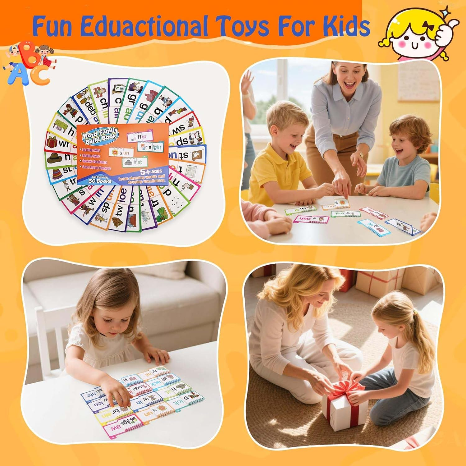 Lizihaowu 30 Read and Rhyme Flip Books, Word Family Build Book, Kindergarten Sight Word Flash Cards, Reading Flip Book Set for Kids