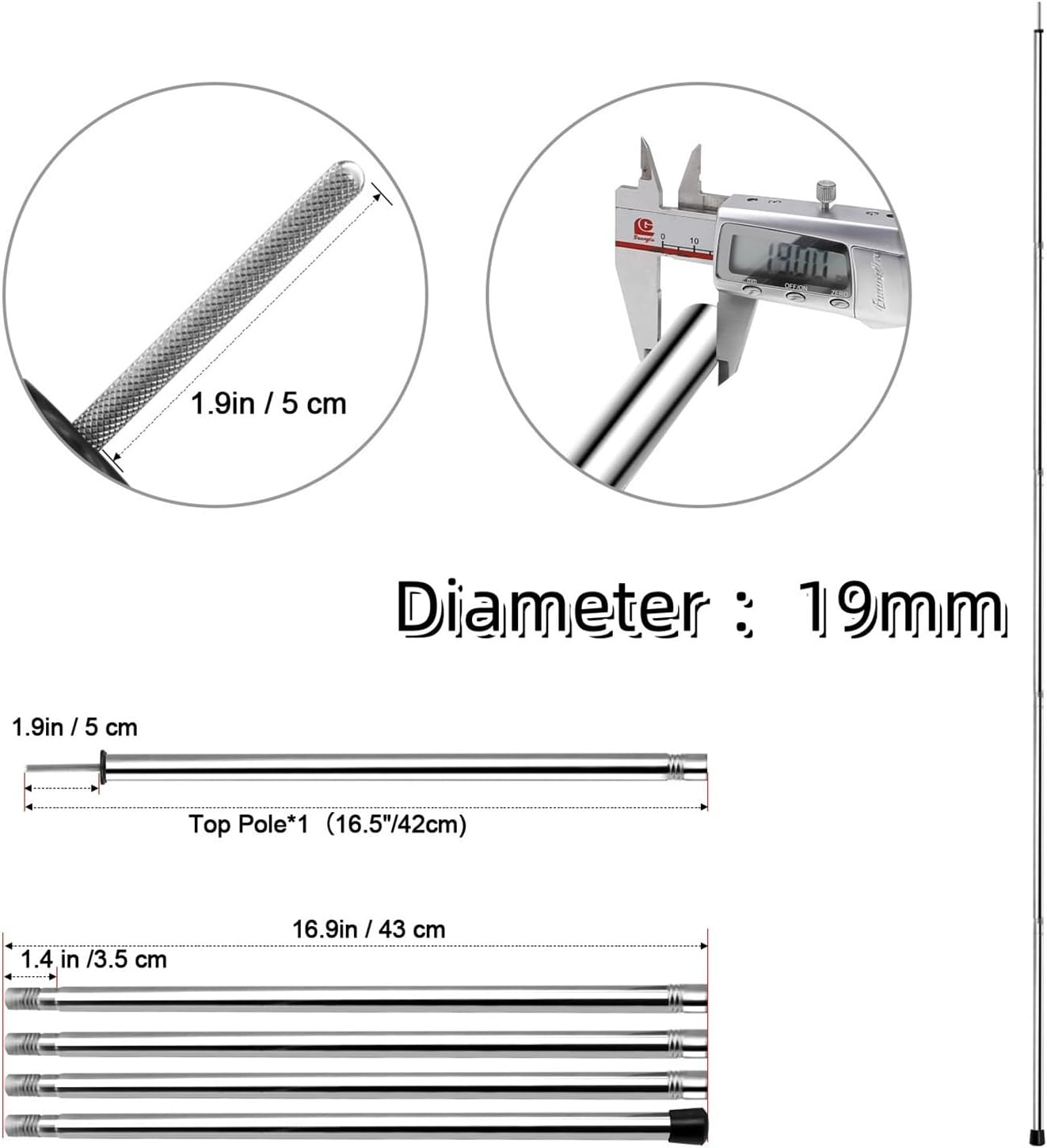 KOMCLUB Tarp Poles 198Cm/78.1In Adjustable Camping Tent Poles Sturdy Lightweight Stainless Steel Shade Pole for Awnings Canopy Rain Fly Shelter 19Mm Set of 2 image number 5