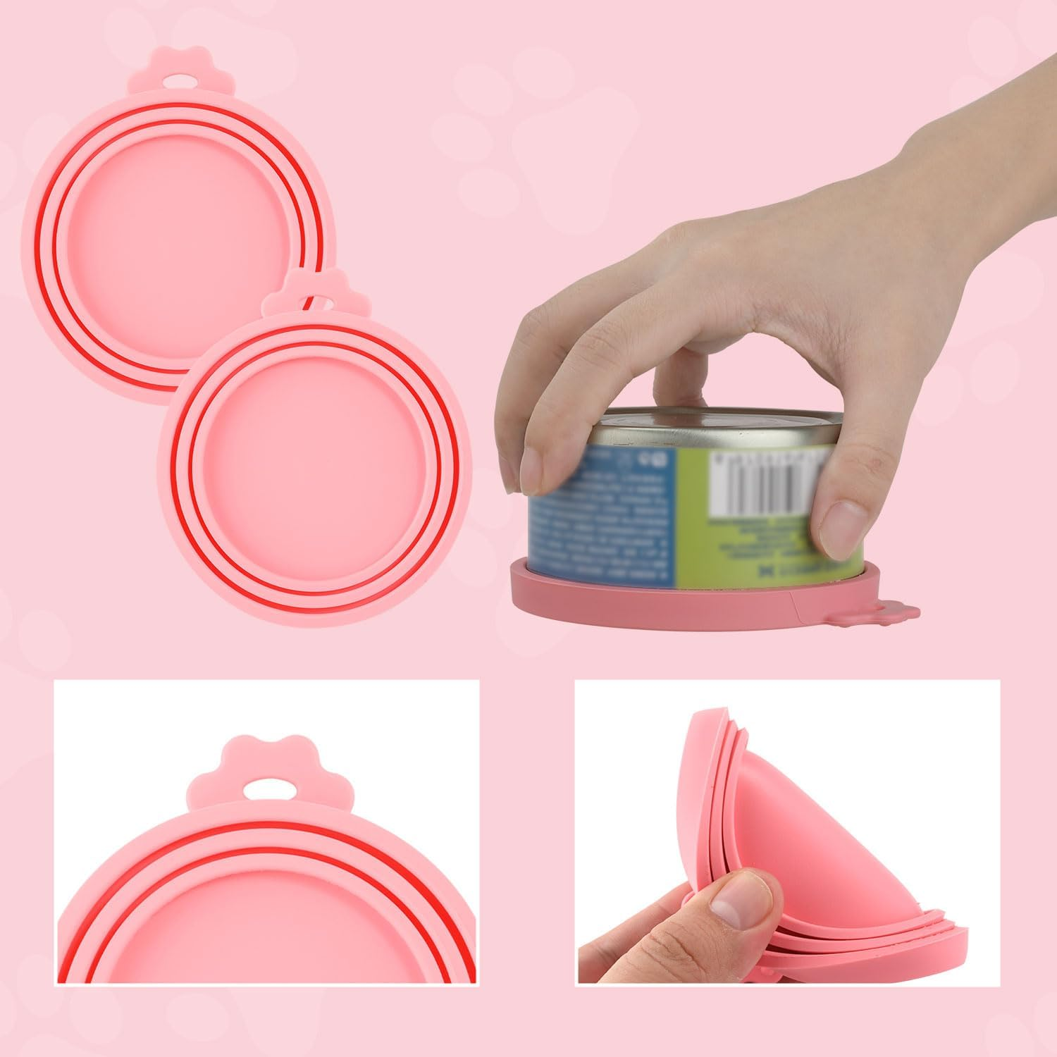 Lasuroa 4Pcs Dog Cat Food Spoon & Lid Set, Silicone Can Opener Tool with Stainless Steel Wet Food Scoop and Can Covers, Pet Foods Storage & Feeding Accessories for Cats and Dogs (Pink, White, Black)