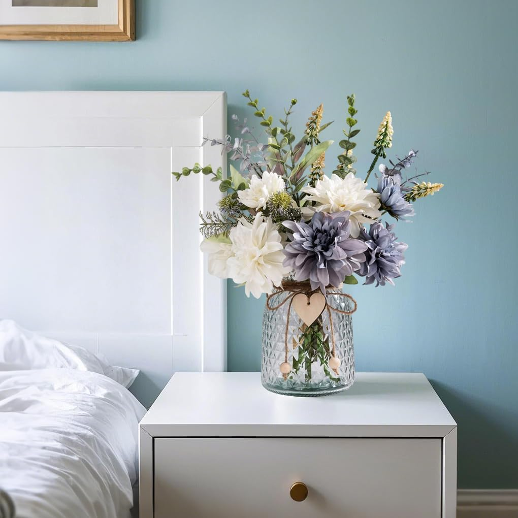 Delsol Artificial Flowers with Vase Silk Dahlia Faux Flowers Arrangement with Glass Vase Exquisite Fake Flowers Bouquet for Home Decor Decoration Table Centerpiece (Dahlia) image number 2