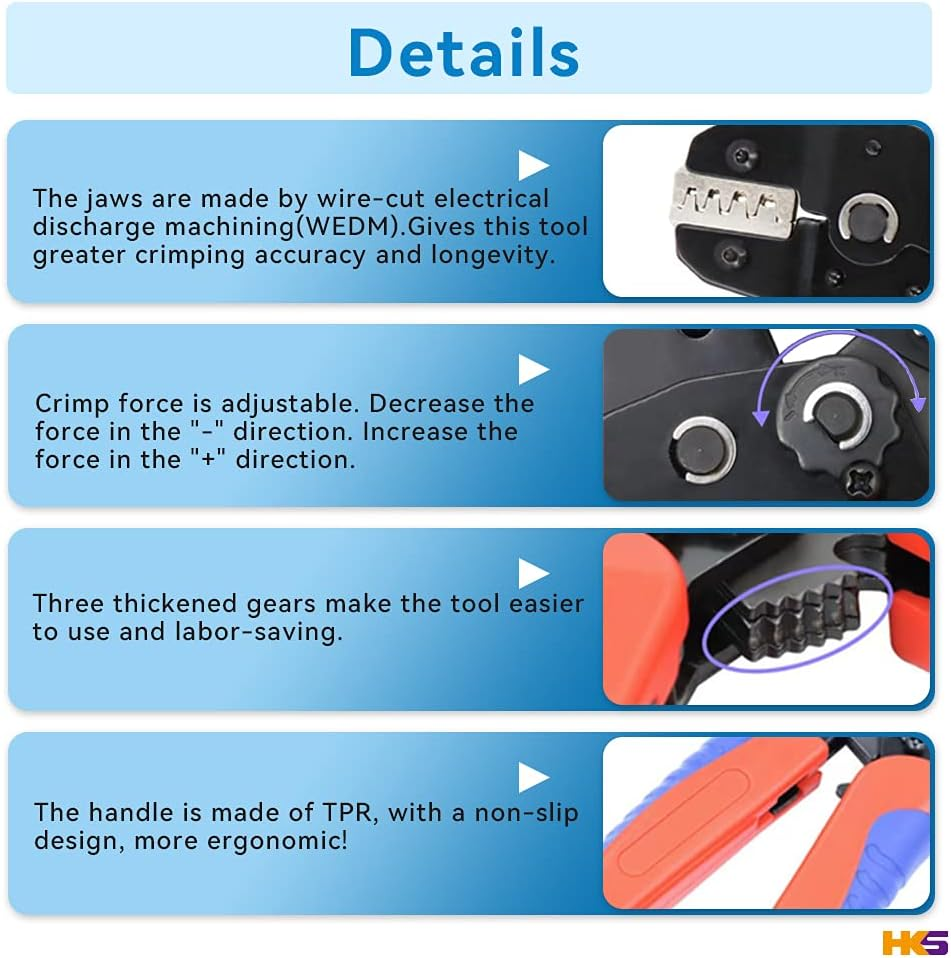Aucent Crimping Tool Kit Crimper Set with 9 Jaws 23-5 AWG for Dupont JST Open Barrel Pins,Insulated and Non-Insulated Terminal/Butt,Coax RF MC4 Connector,Wire Ferrule,End Sleeve (1 Crimper 9 Jaws Set) image number 6