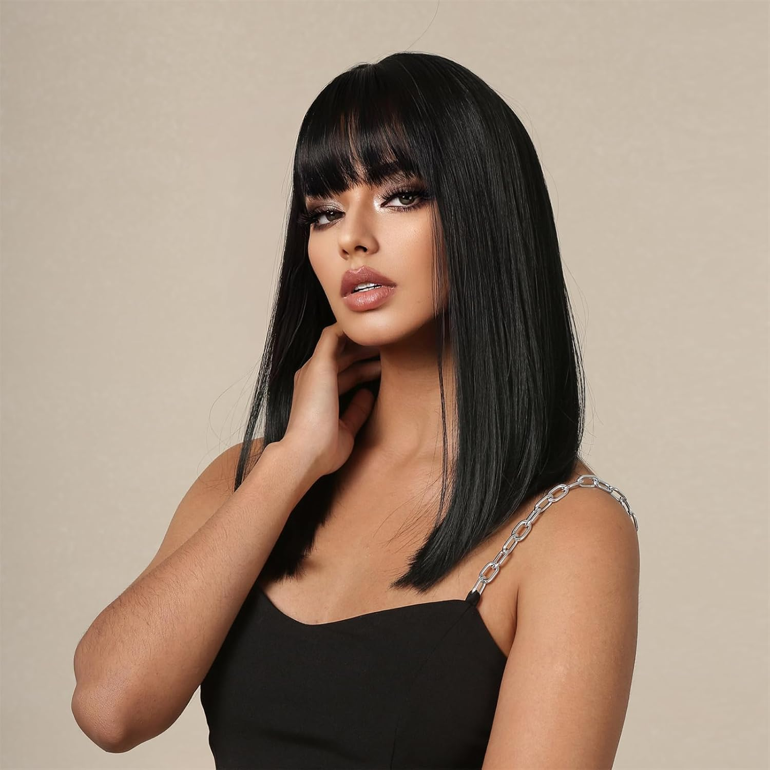 Straight Black Synthetic Wig with Bangs,Shoulder Length, Medium - Long Straight Hair with Air Bangs, Naturally Fluffy Full - Head Wig for Party Daily Use（Black，18.5In） image number 4