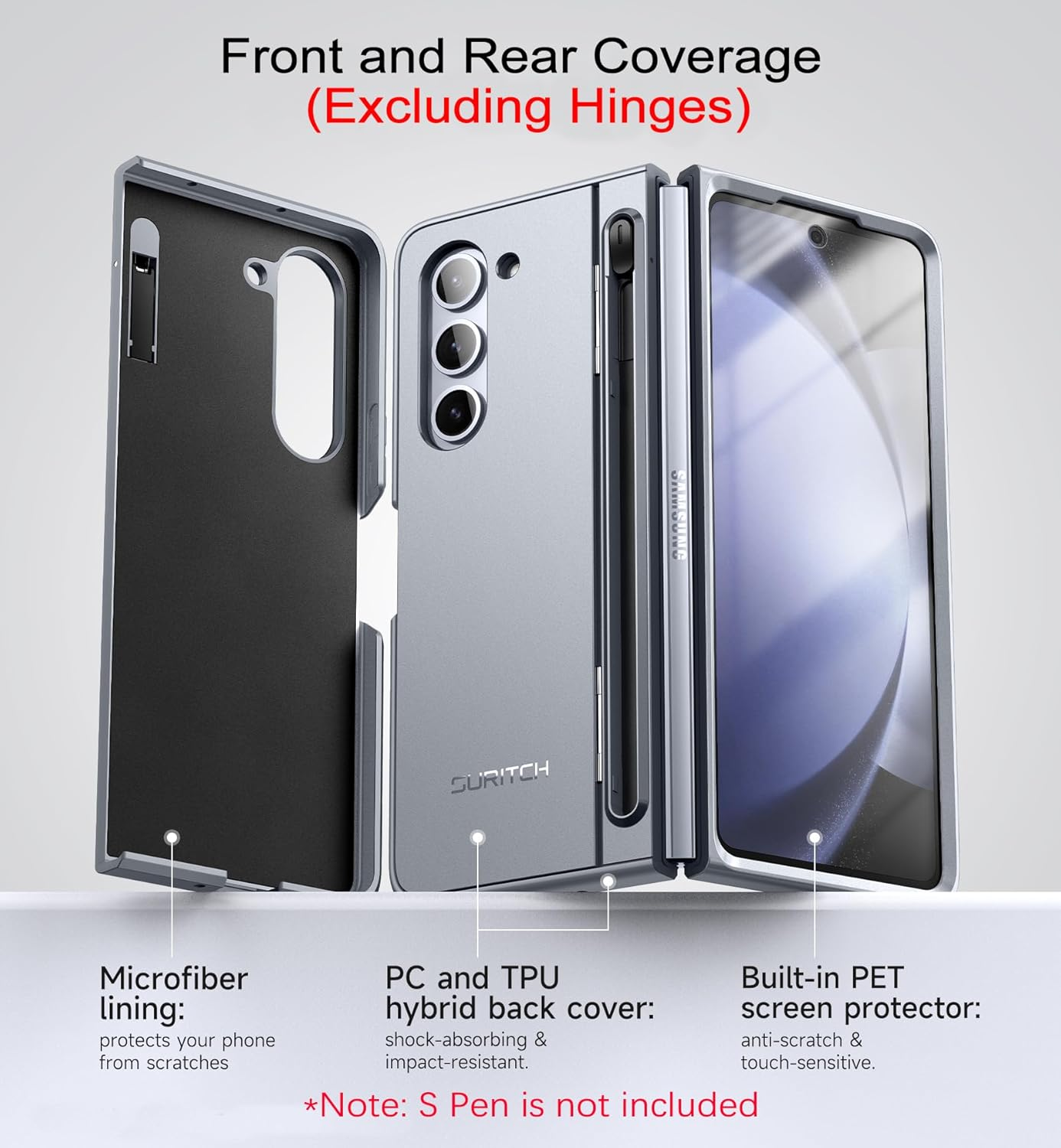 SURITCH for Samsung Galaxy Z Fold 5 Case with Kickstand and S Pen Holder [S Pen NOT Included], Phone Case for Z Fold 5 2023 -Gray Blue image number 4