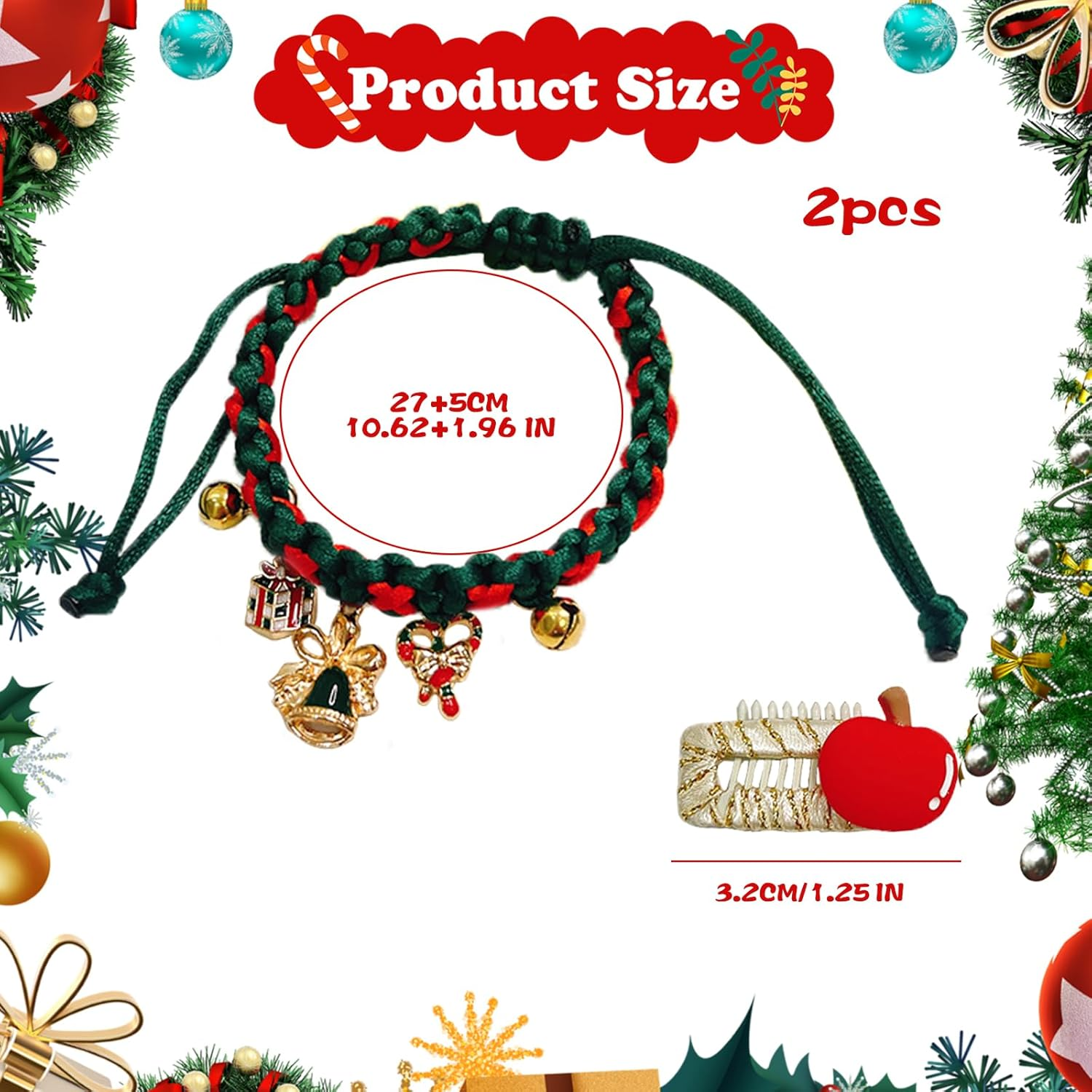Christmas Handmade Pet Woven Collar Adjustable Xmas Knitted Cat Collars with Puppy Hair Clips New Year Hand Woven Dog Cat Bell Collar for Cat Small Puppy Dogs (Xmas Bell) image number 2