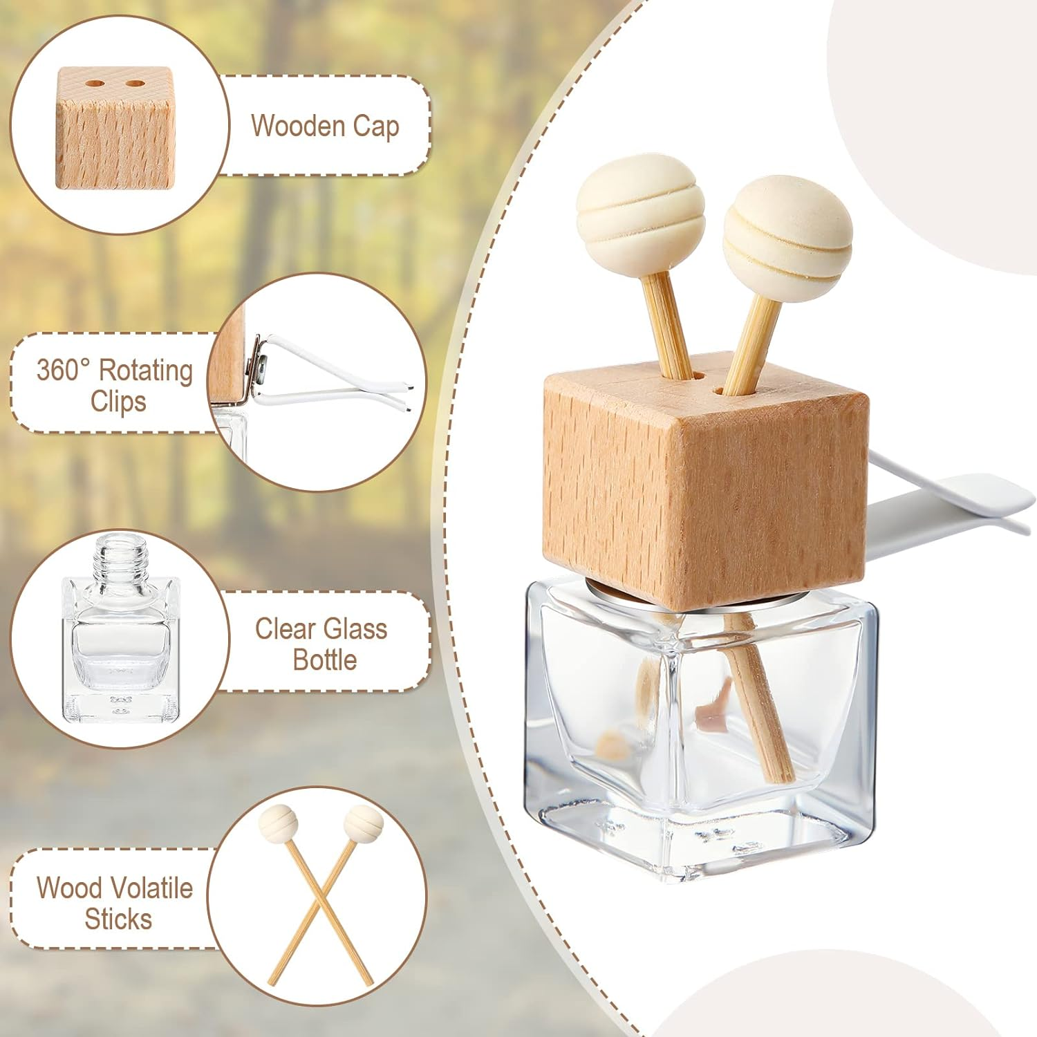 Zubebe 30 Pack 8 Ml Clear Car Diffuser Air Freshener Bottle Empty Essential Oil Auto Glass Perfume with Vent Clip Wooden Caps & Sticks for Scent Fragrance Ornament Decor