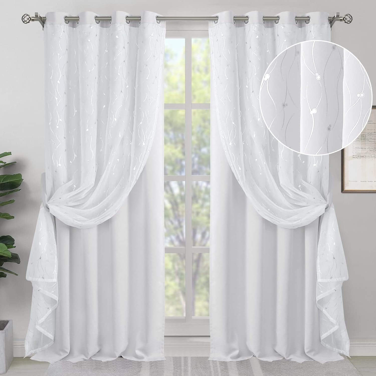 Bgment White Blackout Curtains with Sheer Overlay, Double Layer Nursery Drapes Grommet Silver Printed Thermal Insulated Panels for Bedroom/Living/Kide Room, 2 Panels Each 52 X 84 Inch, Greyish White image number 1