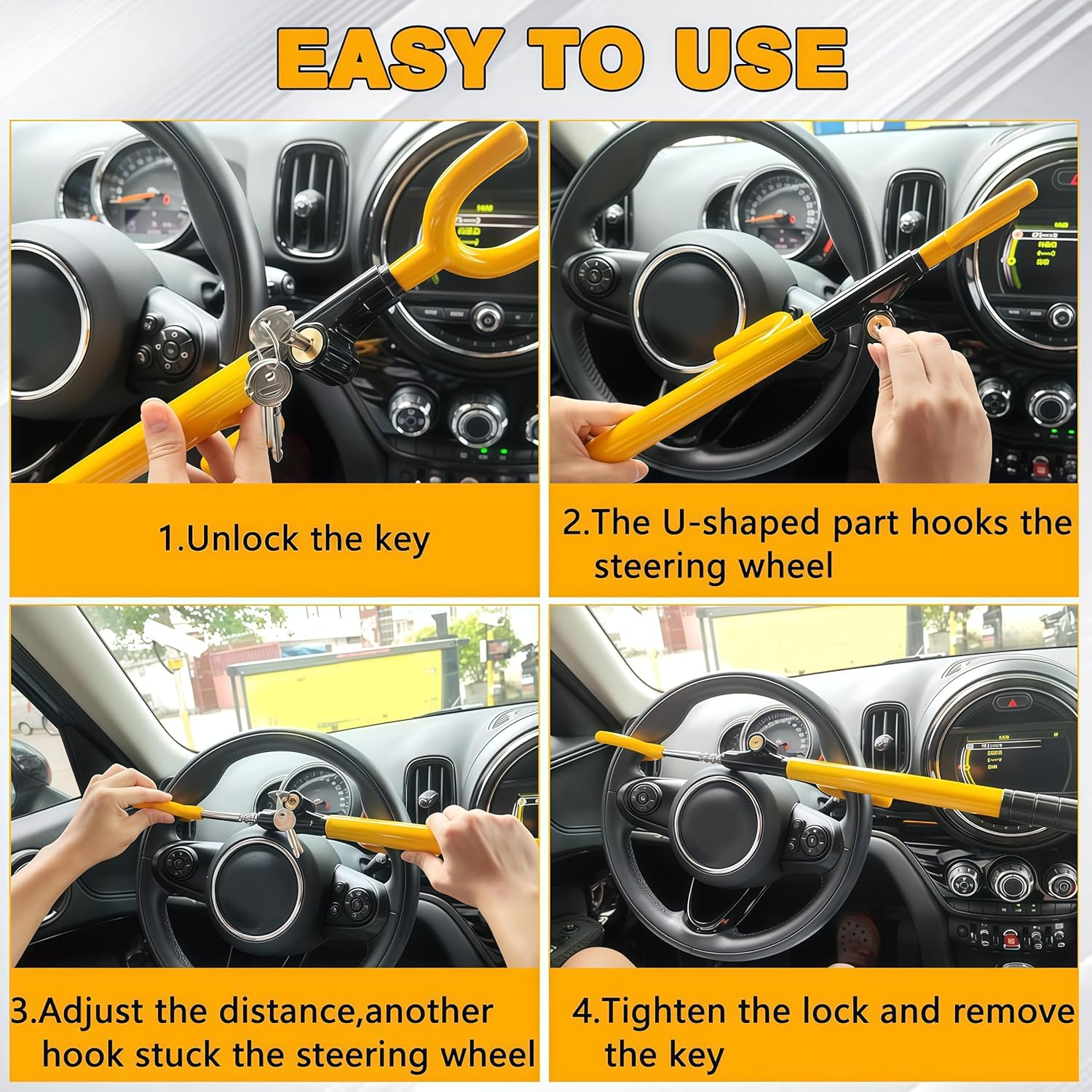 Heavy Duty Steering Wheel Lock, anti Theft Adjustable Length Car Security Lock with Key, U-Shaped Hooks Heavy Duty anti Theft Car Lock for Car Truck SUV Pickup (Yellow) image number 1