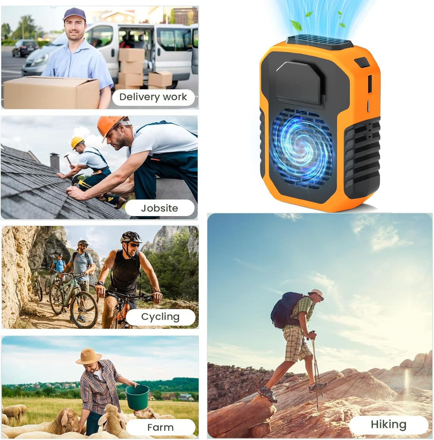 UOEPOWA Portable Waist Clip Fan, 6000Mah on Belt Fan Rechargeable, Blue Collar Breeze, 3 Speeds, 7-23H Working Time, Wearable Belt Neck Fan for Outdoor Workers/Farms/Travel(Orange) - 10000Mah image number 4