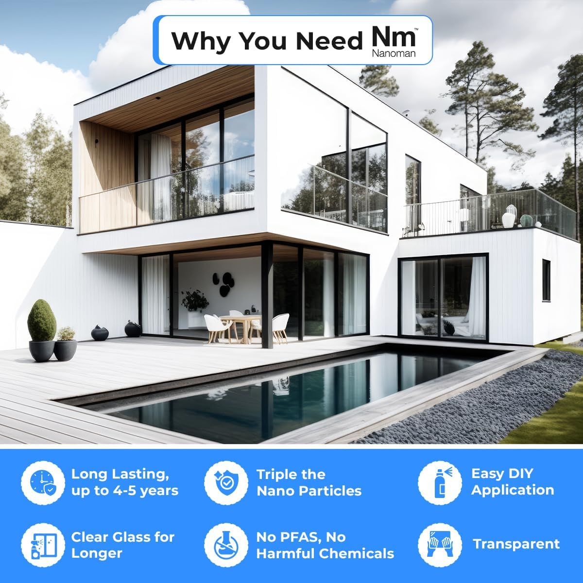 Nanoman Glass + Ceramic Coating &ndash; Hydrophobic, Easy-Clean Protection for Pool Fences & Glass Balustrades, 750Ml