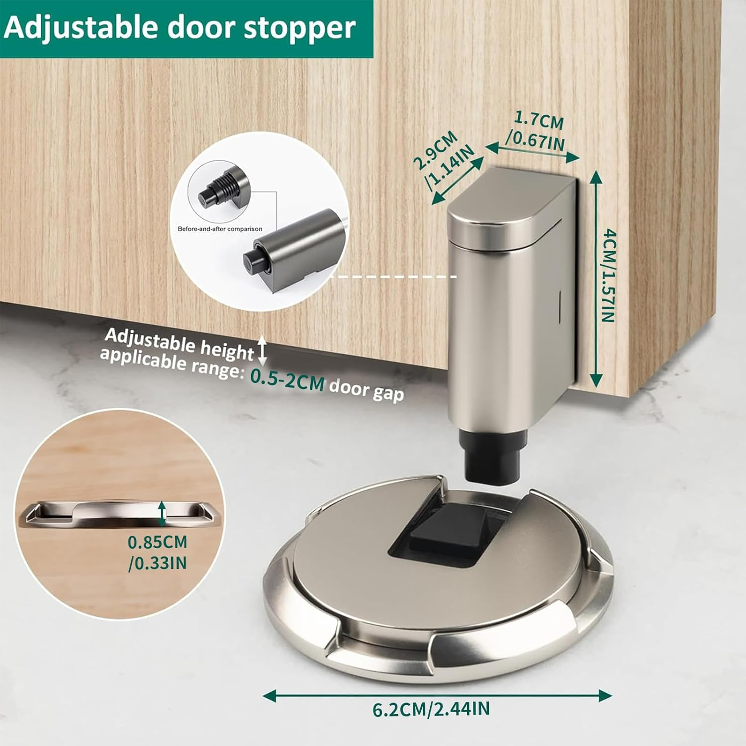 Zalizr No-Magnetic Mechanical Door Stopper, Adjustable Height Door Holder for Gaps 0.5 to 2 CM, Windproof, with Adhesive Pads and Screws (Glossy Nickel) image number 3