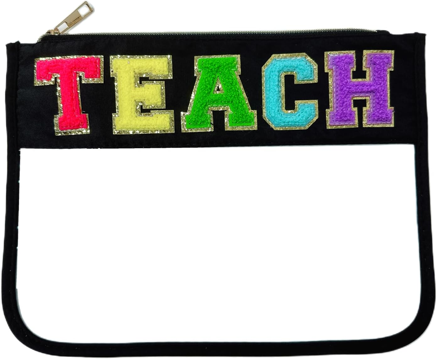 Clear Makeup Letter Bag Chenille Glitter Varsity Letter Patch Zipper Toiletry Pouch Travel Beach Summer Pool Bag Gifts for Women Girls(Beach-Blue), Cheer-Hot Pink