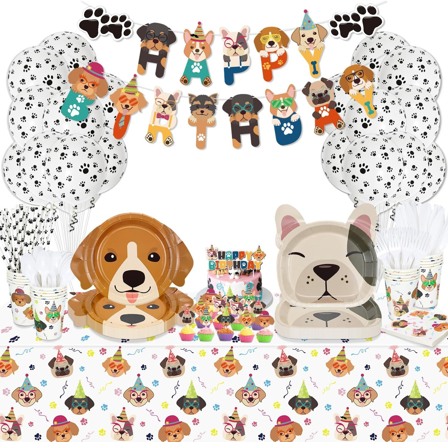 Dog Birthday Party Supplies - Cut Puppy Dog Paw Party Supplies for Doggy, Kids, Birthday Includes Plates, Cups, Napkins, Tableware, Tablecloth, Banner, Balloons, Cake Toppers - Serves 20&hellip;