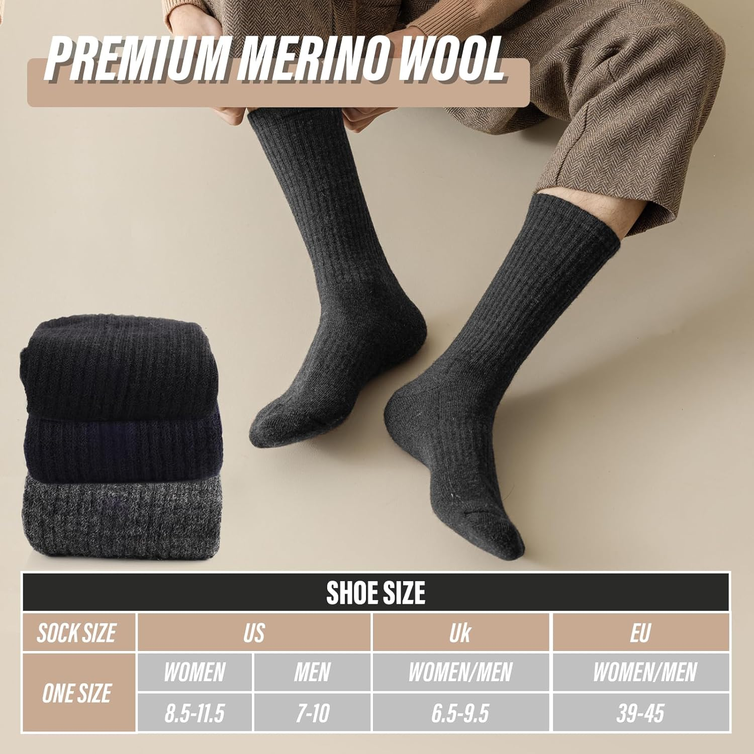 Viiotu Men'S Merino Wool Socks 3-Pack, 95.5% Merino Wool Warm Soft Breathable Moisture-Wicking Antibacterial Durable Merino Wool Socks Men Wool Socks - Black image number 6