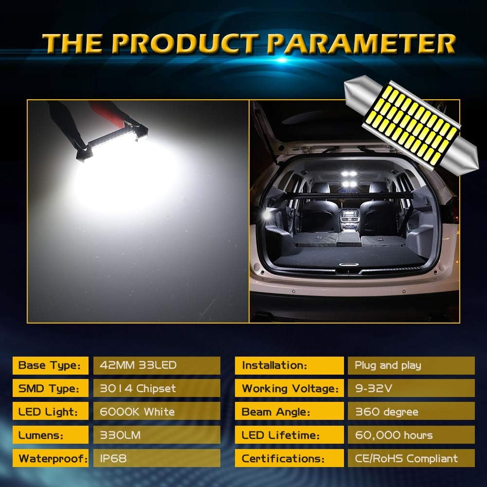 Katur 41Mm 42Mm Festoon C5W Led Bulbs 6000K White Light Super Bright Chipsets Canbus Error Free for 211-2 212-2 214-2 2112 2122 569 578 Interior Dome License Plate Door Lights (4Pcs,White) image number 2