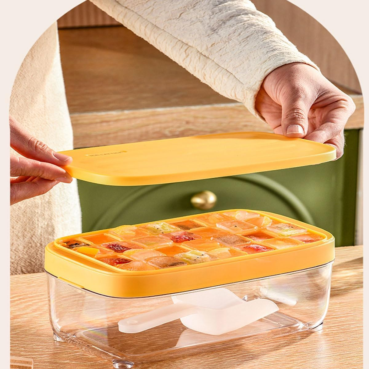 Ice Cube Tray with Lid and Bin, 28 Pcs Ice Trays for Freezer, Food Grade Plastic Ice Cube Mold, Easy Release & Stackable Ice Contrainer with Ice Scoop, for Drinks, Cocktail and Food Fresh (Yellow) image number 5