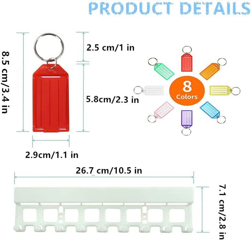 Key Tag Rack with 8 Tags,Key Tags with Holder Tags Plastic with Ring,Tough Plastic Key Tags,Plastic Wall Mounted Key Organizer with Transparent Tough Key Tag Identifiers Markers with 8 Keyring Tags