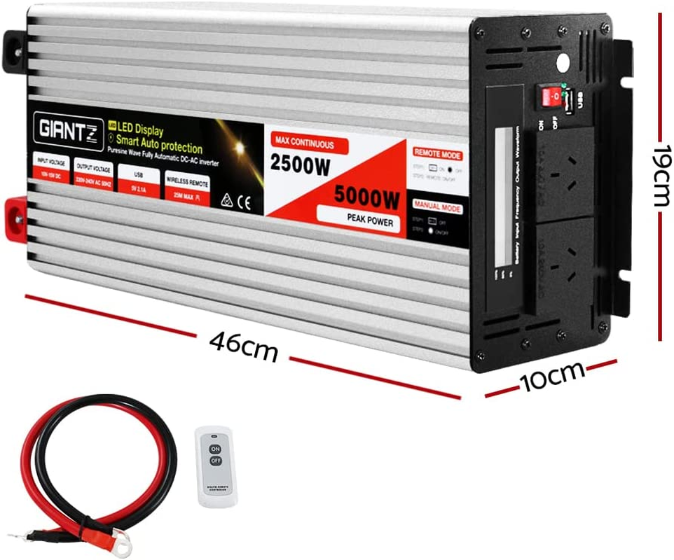 Giantz Power Inverter, 2500W/5000W 12V-240V Electric Portable Pure Sine Wave Inverters Adapter Converter Camping Car Boat Caravan Laptop Accessories, Convenient USB Output Silver image number 4