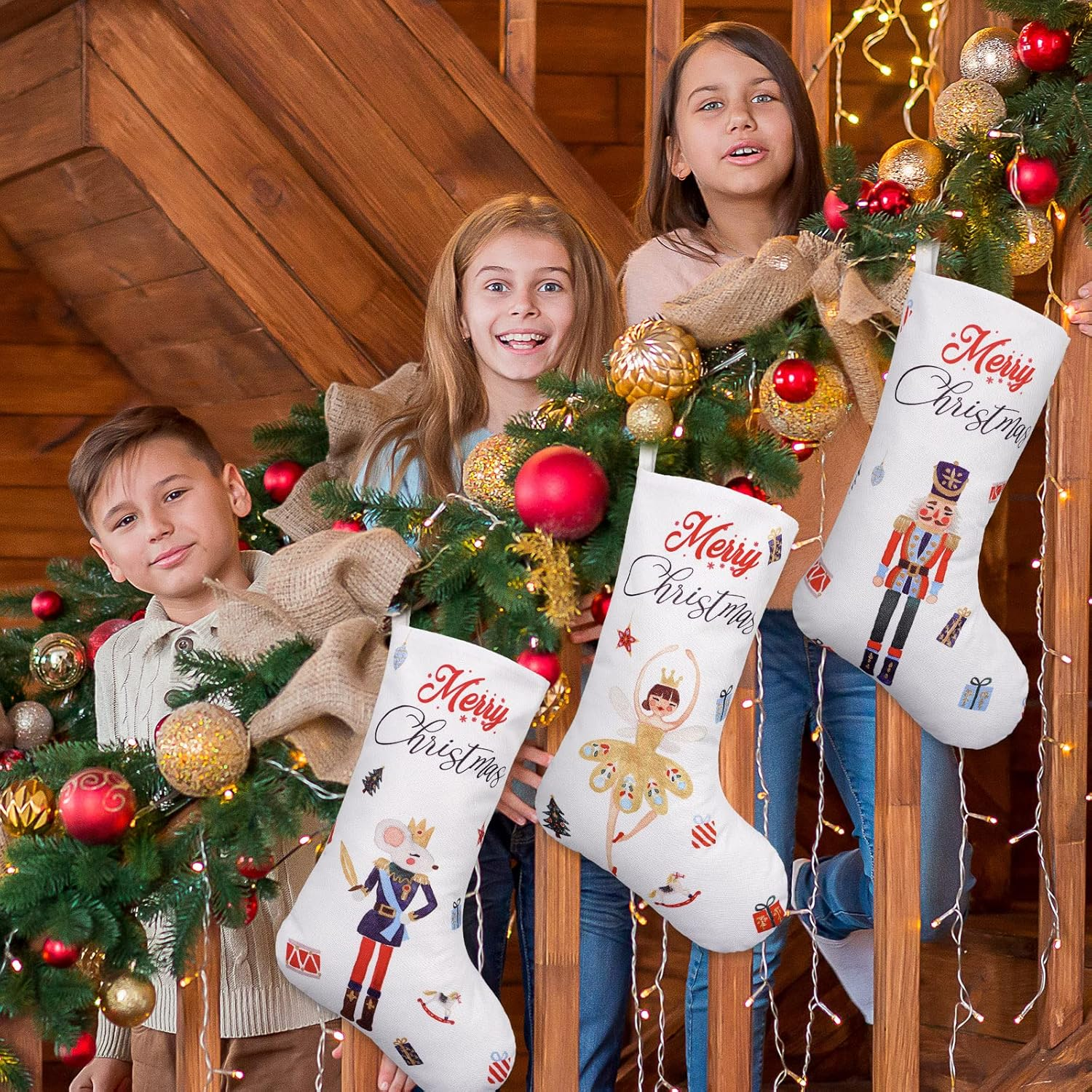 Anydesign Large Nutcracker Christmas Stocking 18 Inch Xmas Hanging Stocking 3Pcs Rustic Vintage Watercolor Favor Treat Stocking Gift Bag for Kids Fireplace Xmas Tree Indoor Party Decoration image number 5