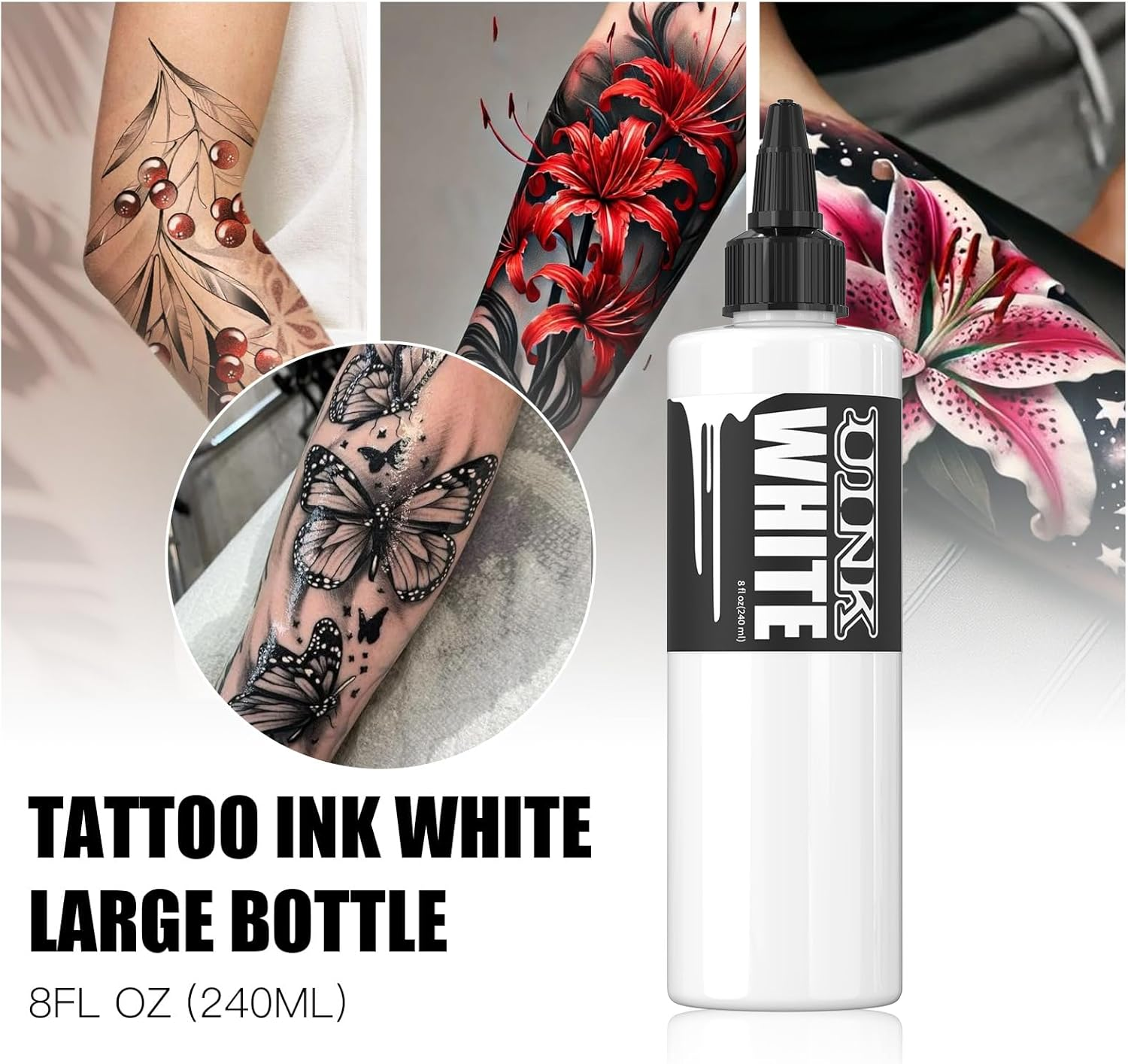 Professional Tattoo Ink, Black, 240Ml Large Bottle (White)