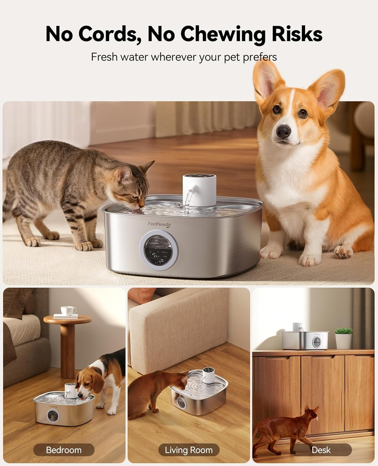 FEELNEEDY 8L Wireless Cat Fountain, 5000 Mah Drinking Fountain for Dogs with 3 Filters, Stainless Steel Cat Fountain, Dishwasher Safe, Improved Radar Sensor image number 6