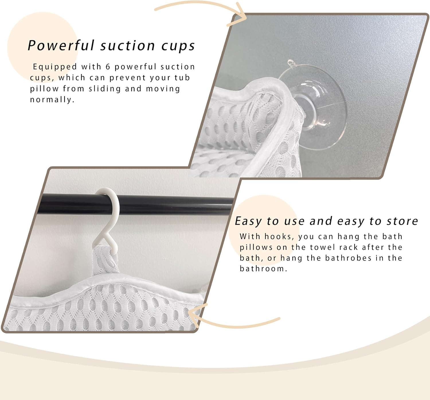 Rwotlls Bath Pillow, Ergonomic Luxury Bathtub Pillow for Tub Head,Neck, Shoulder and Back Support, Headrest with Soft 4D Mesh Fabric and 6 Strong Non-Slip Suction Cups, 2 Pack (White) - Grey+White image number 3