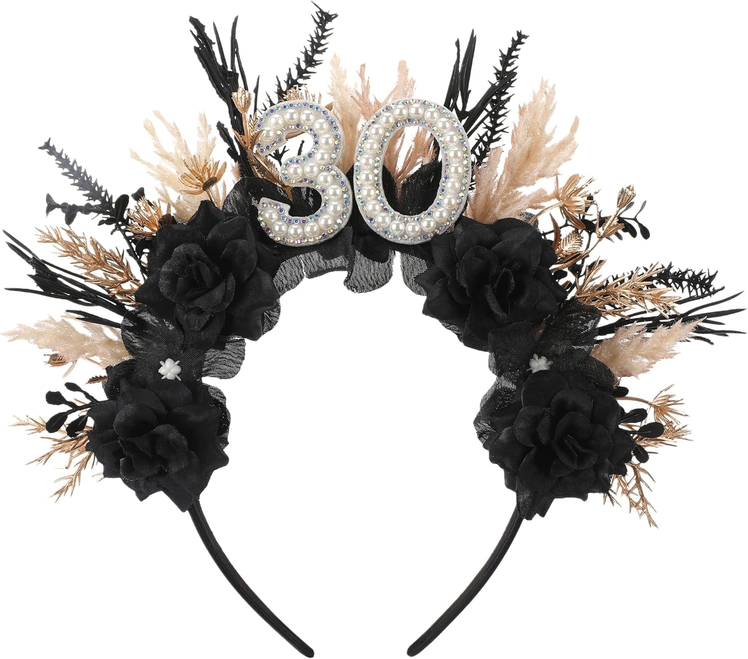 Partyforu Black Flower Birthday Headband - Birthday Crown Happy Birthday Headband for Her Birthday Gifts for Women Party